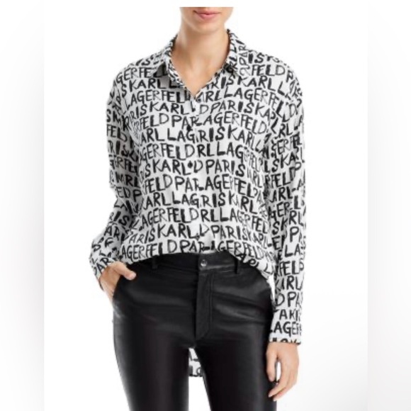 KARL LAGERFELD NWT Women’s Graffiti Print Shirt. pit to pit 24 inches. 🤍🖤🤍🖤 - Picture 1 of 4